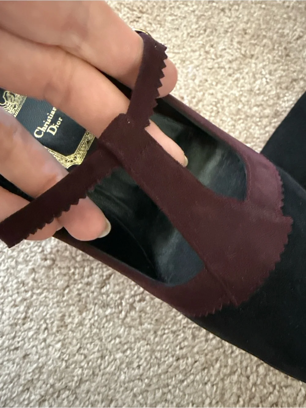 Vintage Dior Burgundy and Black Suede T-Strap Mary Jane Pumps Pointed Toe